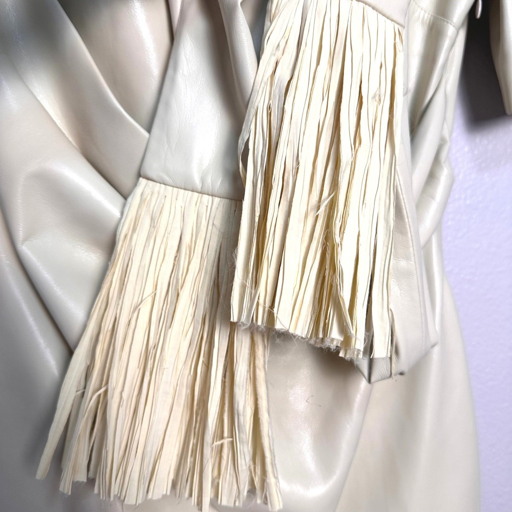 NWT Nanushka Maryl Faux Leather Chalk/Cream Fringe Knot Shift Mini Dress L - Picture 10 of 16